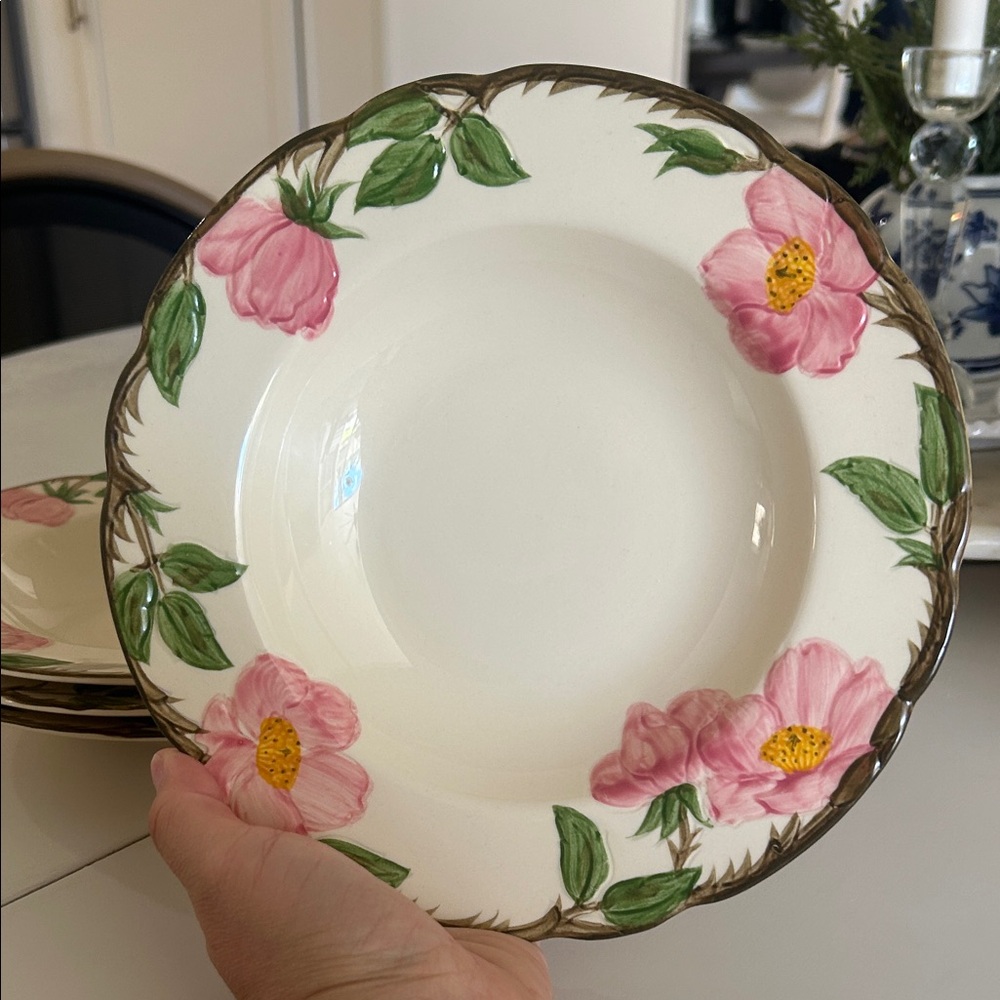 4 vintage Franciscan Desert Rose shallow soup bowls